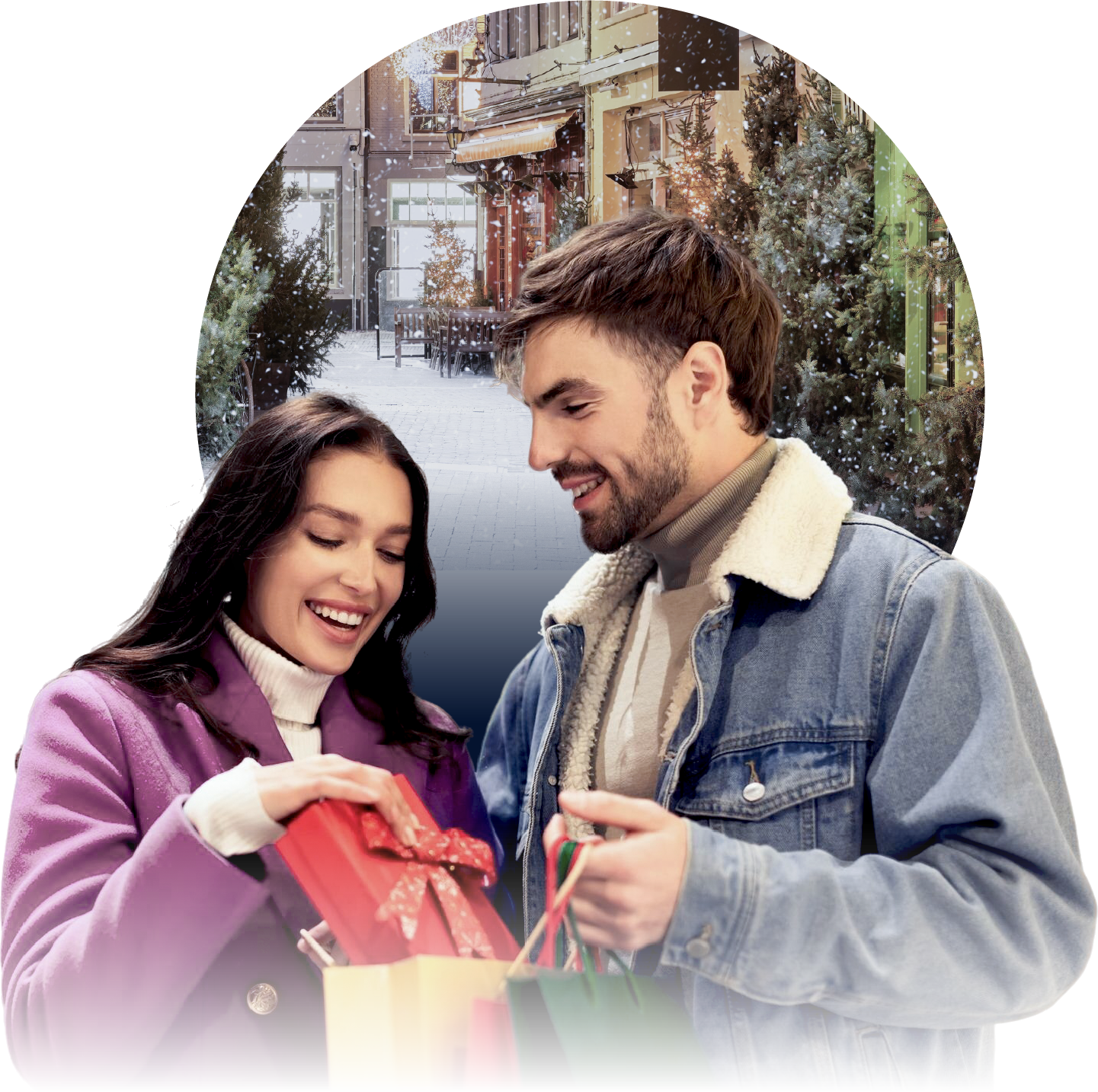 Two shoppers smiling and holding gifts
